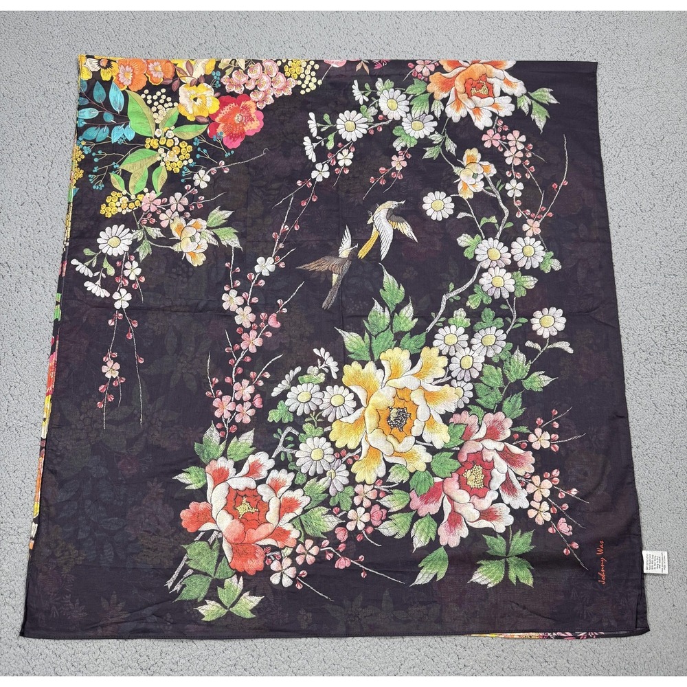 Johnny Was Scarf 68x32 Womens Multicolor Floral Bird Print Square Cotton Wrap